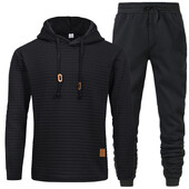 Άνετο σετ ανδρικό παντελόνι με κουκούλα με υφή με κορδόνι για μονόχρωμα αθλητικά ρούχα με μακρυμάνικο χρώμα