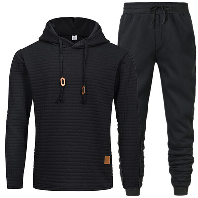 Άνετο σετ ανδρικό παντελόνι με κουκούλα με υφή με κορδόνι για μονόχρωμα αθλητικά ρούχα με μακρυμάνικο χρώμα