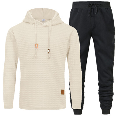 Άνετο σετ ανδρικό παντελόνι με κουκούλα με υφή με κορδόνι για μονόχρωμα αθλητικά ρούχα με μακρυμάνικο χρώμα