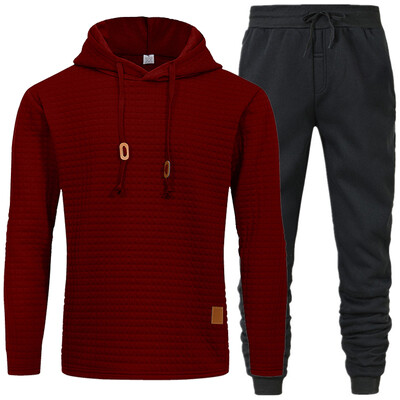 Άνετο σετ ανδρικό παντελόνι με κουκούλα με υφή με κορδόνι για μονόχρωμα αθλητικά ρούχα με μακρυμάνικο χρώμα