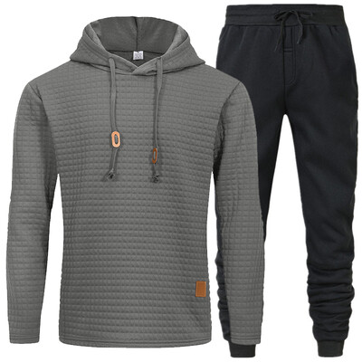 Άνετο σετ ανδρικό παντελόνι με κουκούλα με υφή με κορδόνι για μονόχρωμα αθλητικά ρούχα με μακρυμάνικο χρώμα