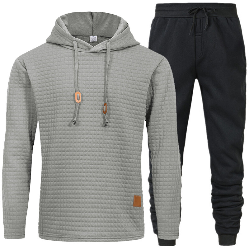 Άνετο σετ ανδρικό παντελόνι με κουκούλα με υφή με κορδόνι για μονόχρωμα αθλητικά ρούχα με μακρυμάνικο χρώμα