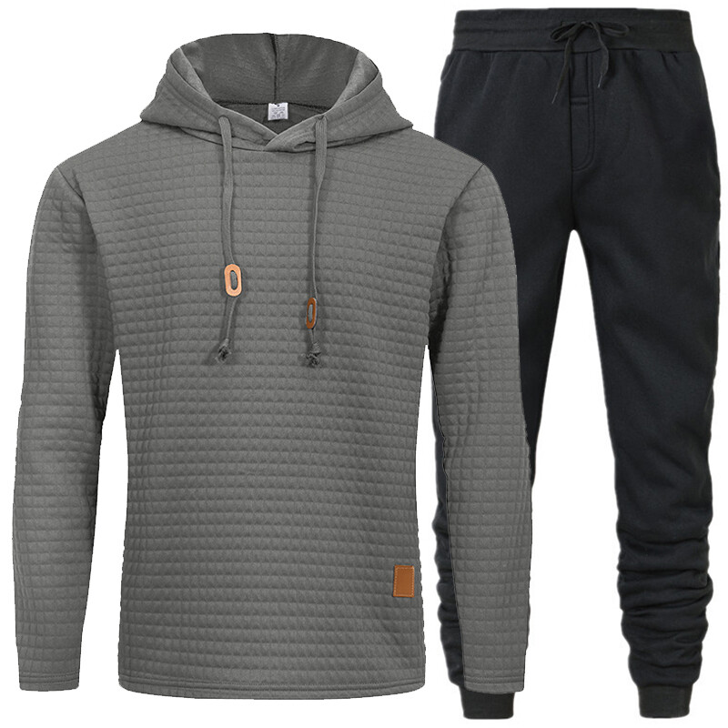 Άνετο σετ ανδρικό παντελόνι με κουκούλα με υφή με κορδόνι για μονόχρωμα αθλητικά ρούχα με μακρυμάνικο χρώμα