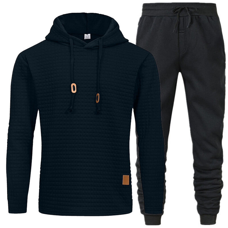 Άνετο σετ ανδρικό παντελόνι με κουκούλα με υφή με κορδόνι για μονόχρωμα αθλητικά ρούχα με μακρυμάνικο χρώμα