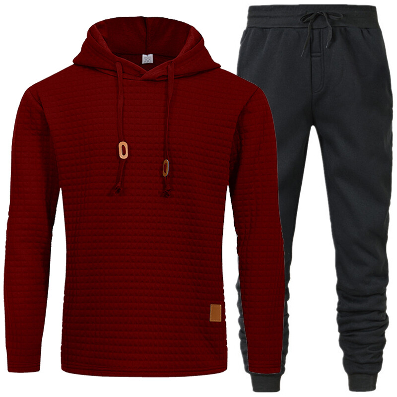 Άνετο σετ ανδρικό παντελόνι με κουκούλα με υφή με κορδόνι για μονόχρωμα αθλητικά ρούχα με μακρυμάνικο χρώμα