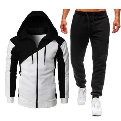 2024 autumn and winter sports two-color spliced jacket long sleeved long pants hooded casual sports men`s suit