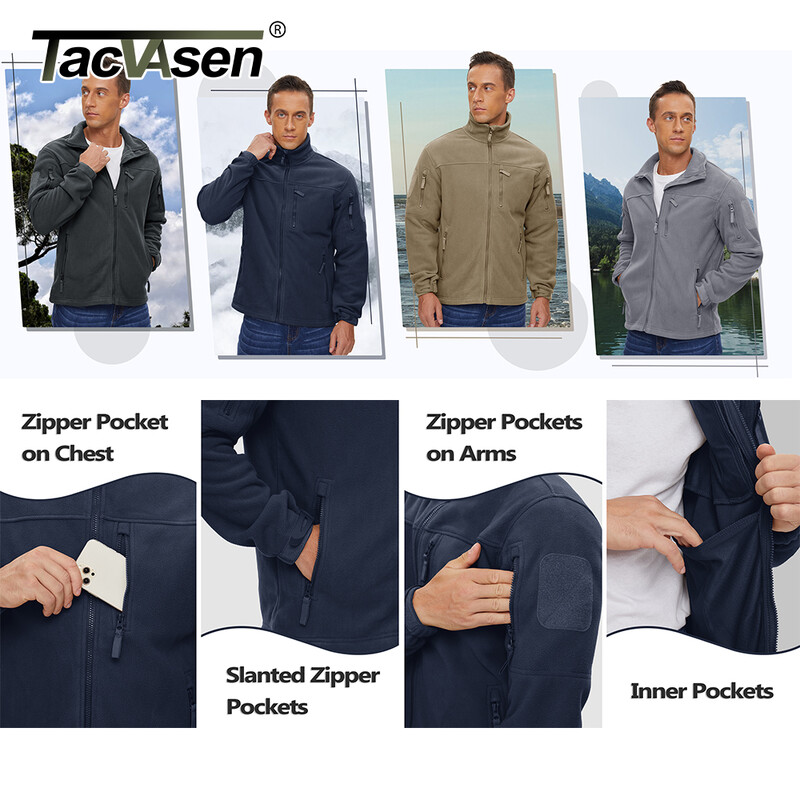TACVASEN Full Zip Up Green Fleece Jacket Θερμικά ζεστά παλτά εργασίας Ανδρικές τσέπες με φερμουάρ Μπουφάν Εκπαίδευση πεζοπορίας Outwear Windbreaker