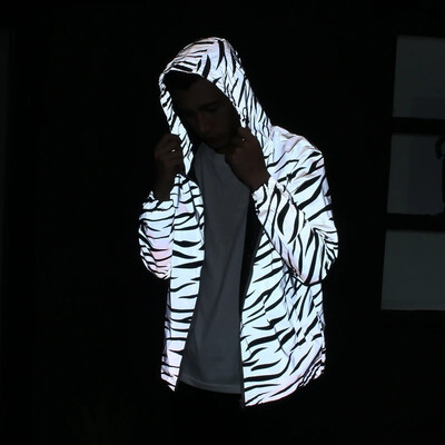 Jachetă pentru bărbați, zebră leopard, reflectorizant, cu glugă, cu glugă, îmbrăcăminte de vânt, Hip Hop, Streetwear Harajuku, haine impermeabile pentru bărbați