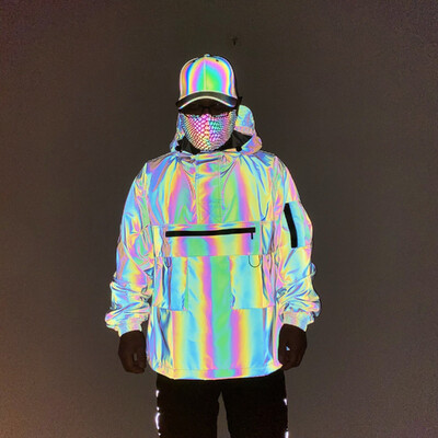 2023 Холографско отразяващо цветно карго яке Мъжко яке с пуловер с половин цип и качулка Ветровка Дъгово палто