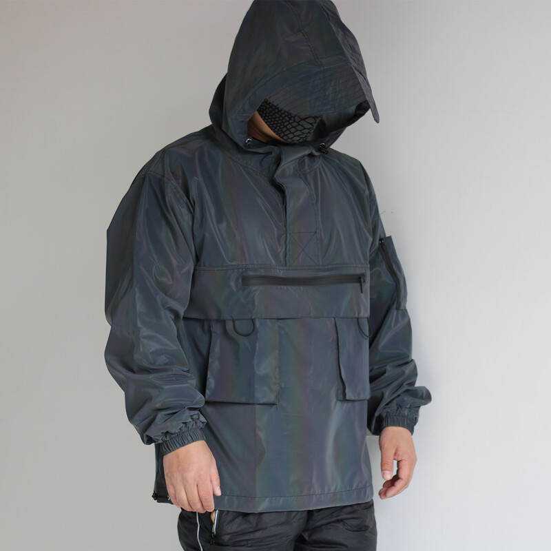 2023 Холографско отразяващо цветно карго яке Мъжко яке с пуловер с половин цип и качулка Ветровка Дъгово палто