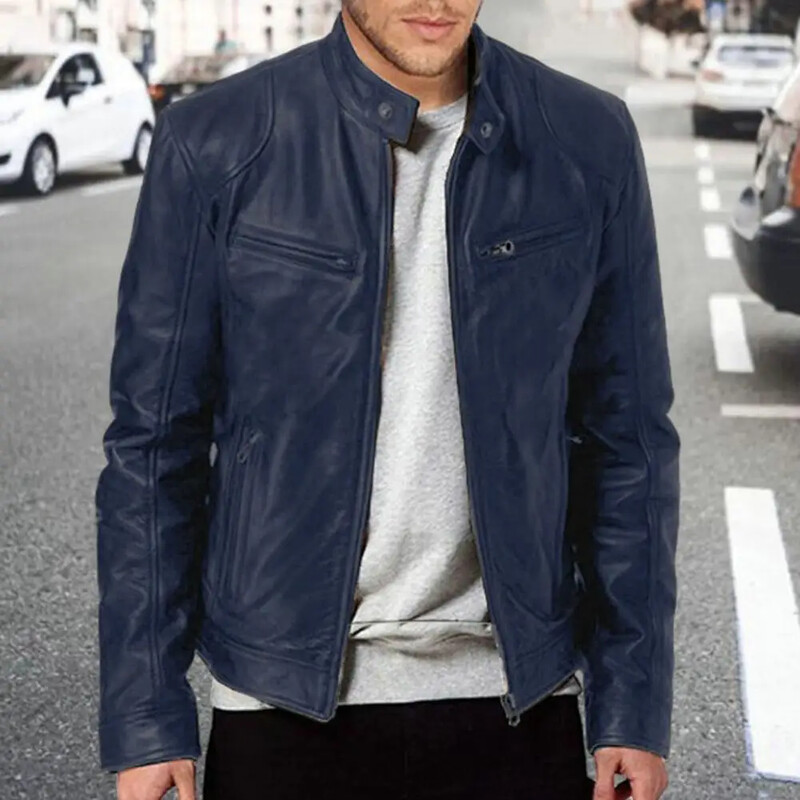 Muška modna kožna jakna Slim Fit PU jakna sa samostojećim ovratnikom Muška motociklistička jakna s dijagonalnim patentnim zatvaračem protiv vjetra