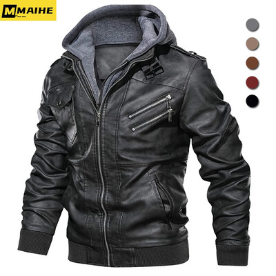 Jachetă din piele pentru motocicletă cu fermoar oblic, jachete din piele PU cu glugă, marcă pentru bărbați, haină de toamnă Plus Size S-5XL Dropshipping