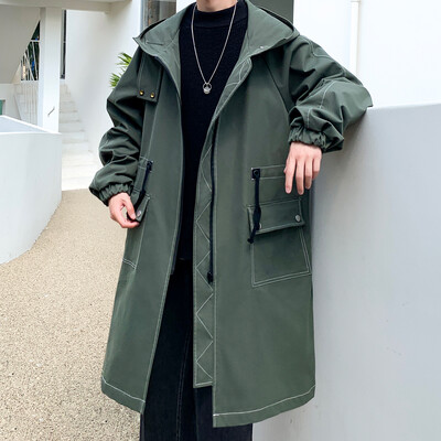 Trenci Jachetă Bărbați Coreeană Toamnă Primăvară Negru Hip Hop Glugă Mantouri Streetwear Bărbați Jachetă Windbreaker Îmbrăcăminte casual