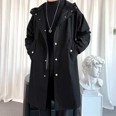 2024 Jachetă de vânt pentru bărbați, trench lung, îmbrăcăminte de stradă largi, cu glugă, vintage, haine negre, îmbrăcăminte de exterior casual pentru bărbați