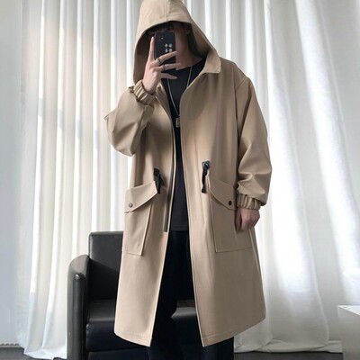Trenci lung jachetă bărbați bumbac toamnă primăvară negru hip hop paltoane japoneze Streetwear bărbați cu glugă verde armată jachete casual
