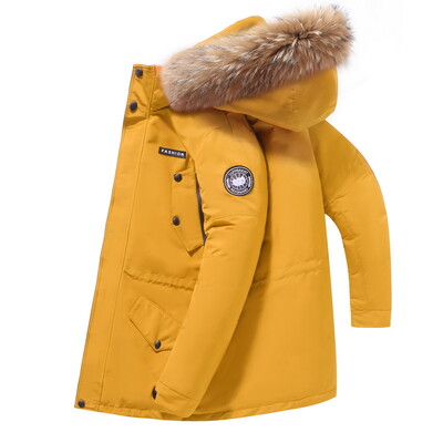 Ležerna zimska muška 2024. topla jakna s pačjim puhom s kapuljačom i krznenim ovratnikom Odvojivi debeli pufer kaput Gornja odjeća Jednobojne parke podstavljene pamukom