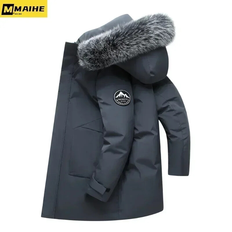 2024. aasta talvine pikk sulejope meeste brändi vabaaja karusnahast krae kapuutsiga valge pardi sule soe mantel meeste rõivastele talvejope