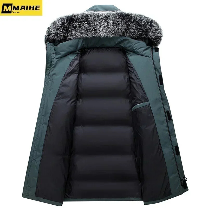 2024. aasta talvine pikk sulejope meeste brändi vabaaja karusnahast krae kapuutsiga valge pardi sule soe mantel meeste rõivastele talvejope