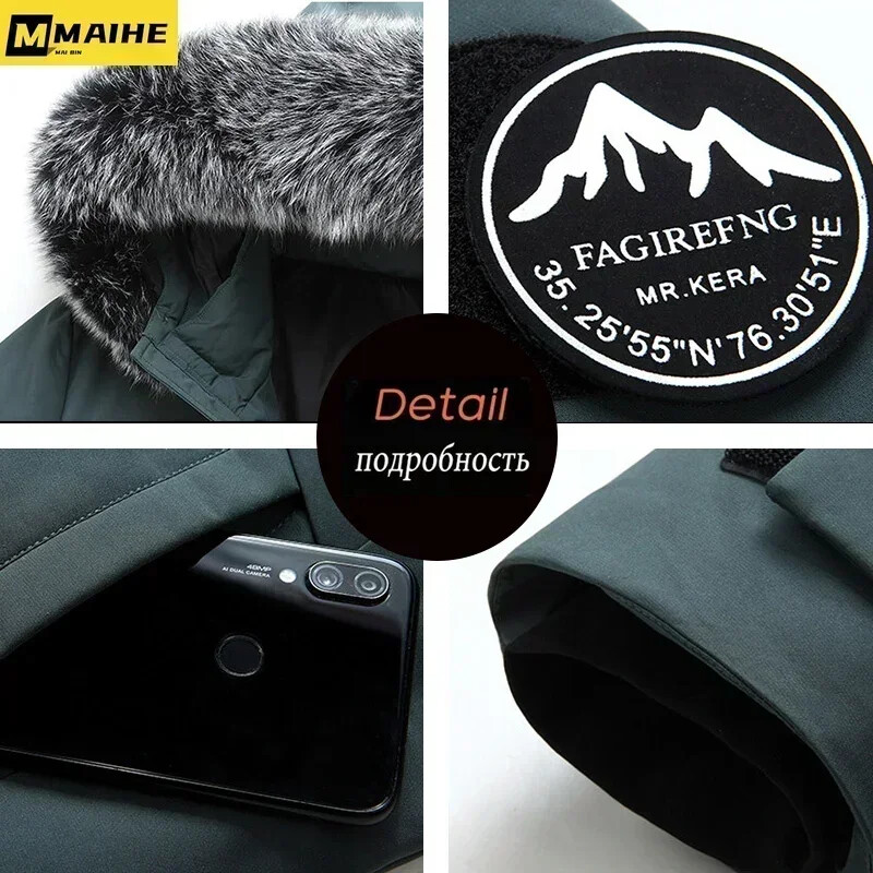 2024. aasta talvine pikk sulejope meeste brändi vabaaja karusnahast krae kapuutsiga valge pardi sule soe mantel meeste rõivastele talvejope