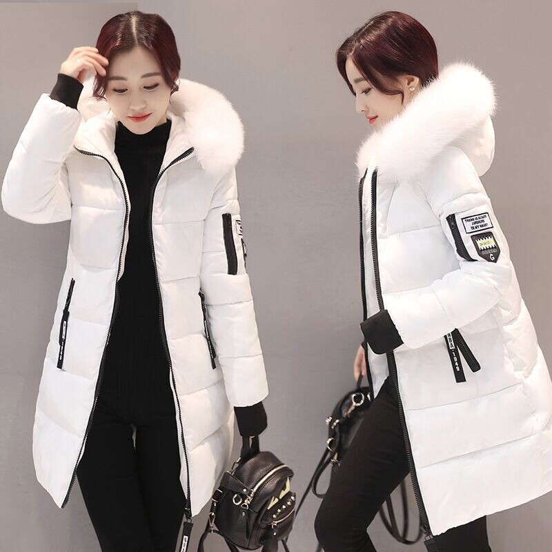 New Cotton Lined Jacket 2021 Women`s Medium Long Jacket With Big Fur Collar Korean Style Down Jacket Thick Letter Cotton Jacket Fashion