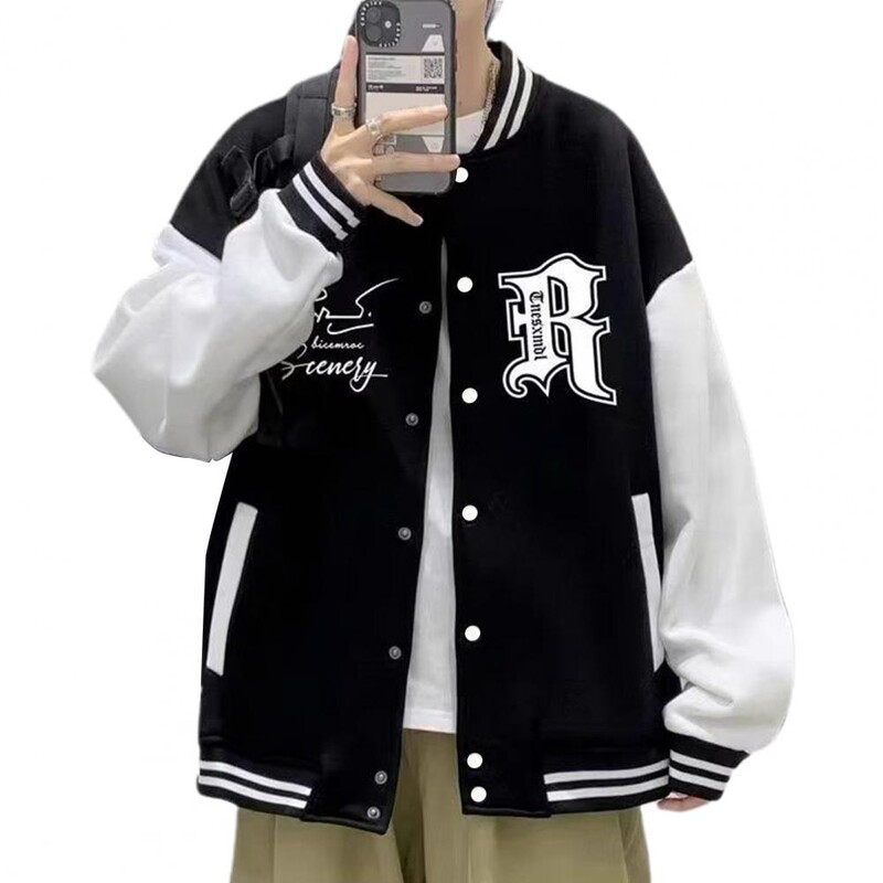 Muški bejzbolski kaput jesen-zima, samostojeći ovratnik s printom slova, labava jakna u uličnom stilu, elastična prugasta manžeta, modna muška jakna