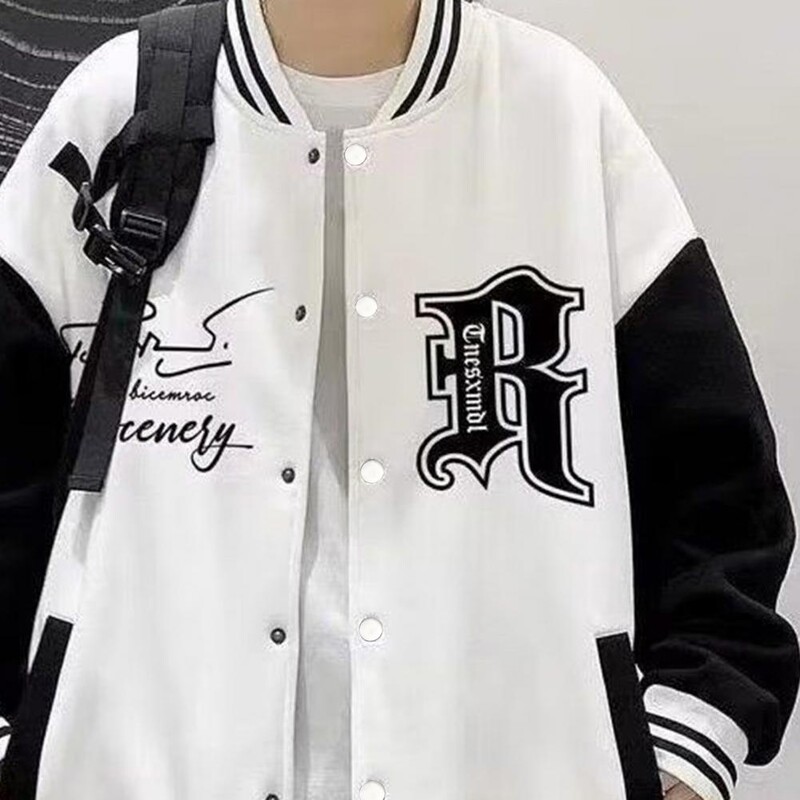 Muški bejzbolski kaput jesen-zima, samostojeći ovratnik s printom slova, labava jakna u uličnom stilu, elastična prugasta manžeta, modna muška jakna