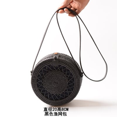 Genți Rattan Ins Handmade Rattan Imprimat Flori Negru 20cm Piele PU Cataramă Geantă de plajă Vacanță de vară Boema Genți casual