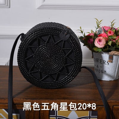 Genți Rattan Ins Handmade Rattan Imprimat Flori Negru 20cm Piele PU Cataramă Geantă de plajă Vacanță de vară Boema Genți casual