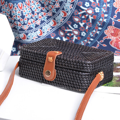 Genți Rattan Ins Handmade Rattan Imprimat Flori Negru 20cm Piele PU Cataramă Geantă de plajă Vacanță de vară Boema Genți casual