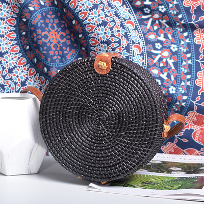 Genți Rattan Ins Handmade Rattan Imprimat Flori Negru 20cm Piele PU Cataramă Geantă de plajă Vacanță de vară Boema Genți casual