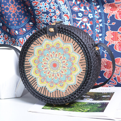 Genți Rattan Ins Handmade Rattan Imprimat Flori Negru 20cm Piele PU Cataramă Geantă de plajă Vacanță de vară Boema Genți casual