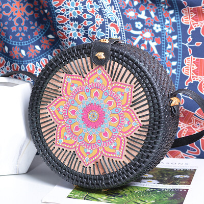 Genți Rattan Ins Handmade Rattan Imprimat Flori Negru 20cm Piele PU Cataramă Geantă de plajă Vacanță de vară Boema Genți casual