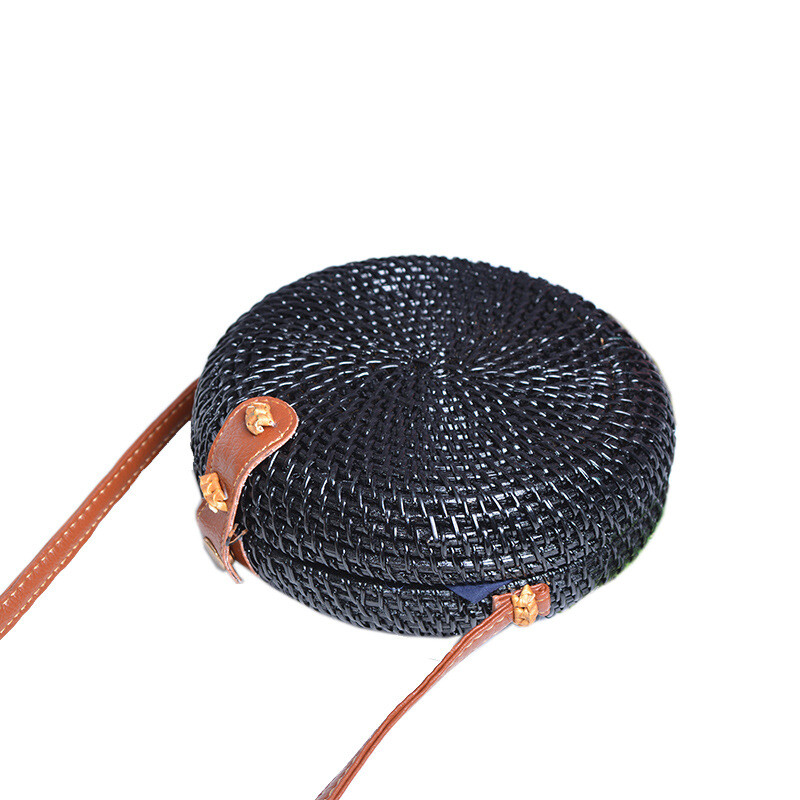 Genți Rattan Ins Handmade Rattan Imprimat Flori Negru 20cm Piele PU Cataramă Geantă de plajă Vacanță de vară Boema Genți casual