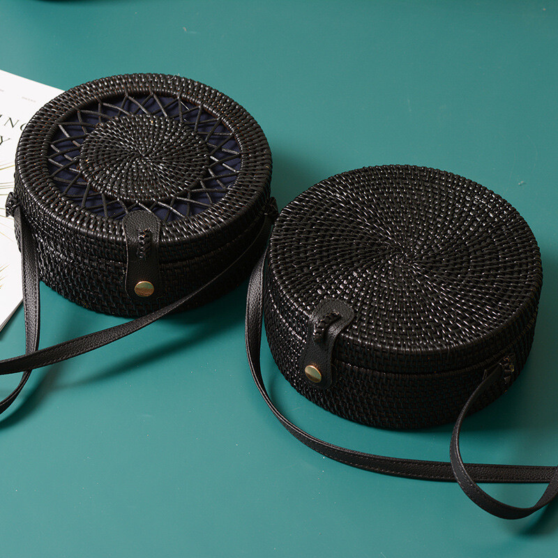 Genți Rattan Ins Handmade Rattan Imprimat Flori Negru 20cm Piele PU Cataramă Geantă de plajă Vacanță de vară Boema Genți casual