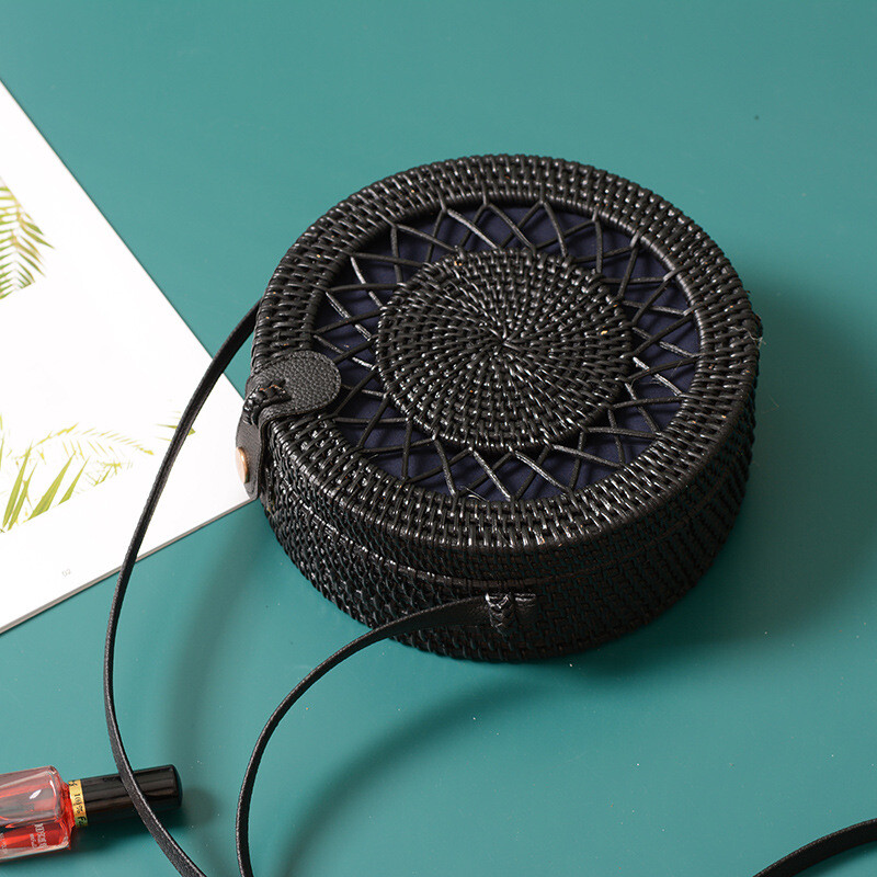 Genți Rattan Ins Handmade Rattan Imprimat Flori Negru 20cm Piele PU Cataramă Geantă de plajă Vacanță de vară Boema Genți casual