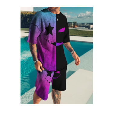 Lühikeste varrukatega, ümara kaelusega lühikeste varrukatega 3D digiprindiga vabaaja mood rannapükste ülikond/suvine meestele