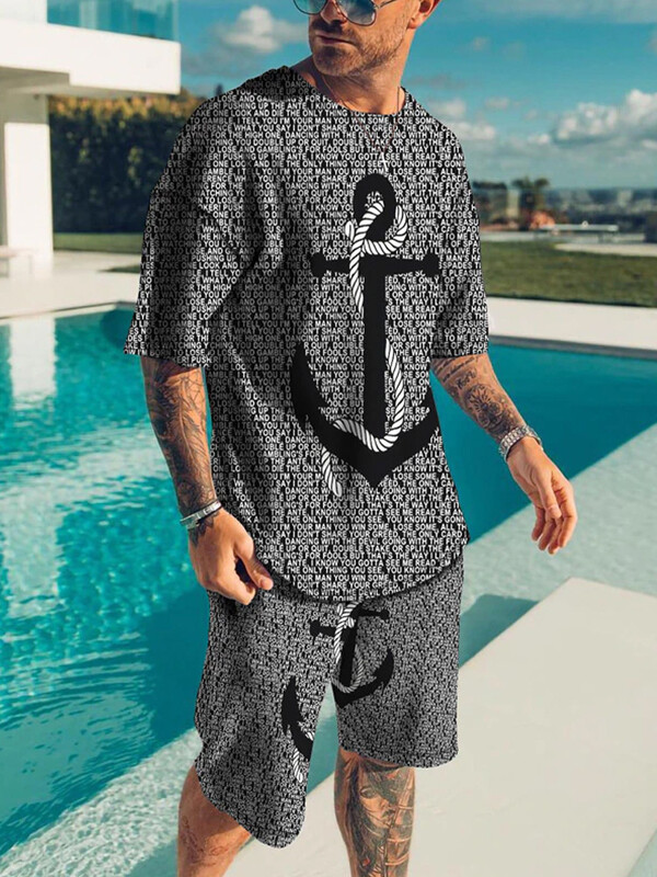 Lühikeste varrukatega, ümara kaelusega lühikeste varrukatega 3D digiprindiga vabaaja mood rannapükste ülikond/suvine meestele