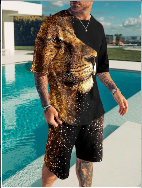 Lühikeste varrukatega, ümara kaelusega lühikeste varrukatega 3D digiprindiga vabaaja mood rannapükste ülikond/suvine meestele