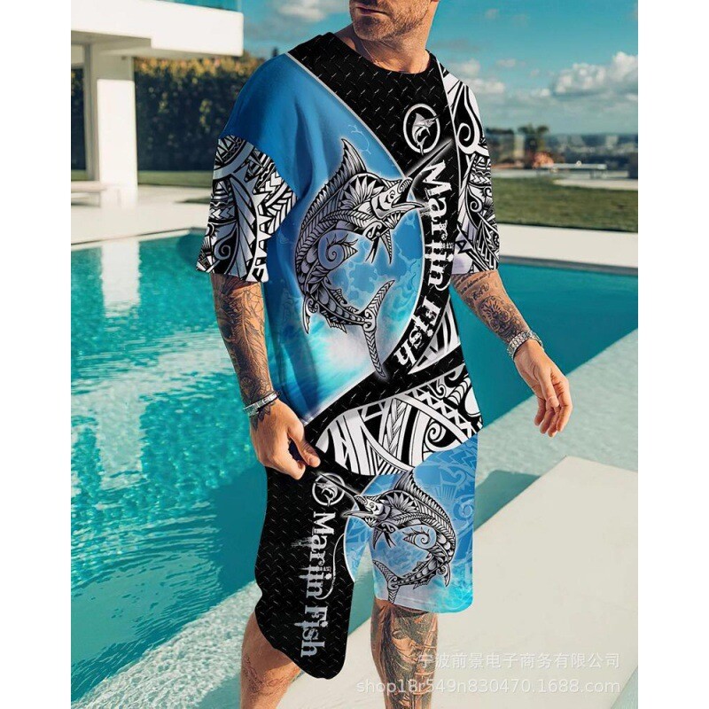 Lühikeste varrukatega, ümara kaelusega lühikeste varrukatega 3D digiprindiga vabaaja mood rannapükste ülikond/suvine meestele