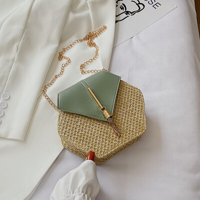 Дамска чанта с шестоъгълна форма Mulit в стил слама + кожа