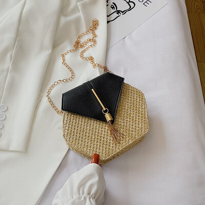 Дамска чанта с шестоъгълна форма Mulit в стил слама + кожа