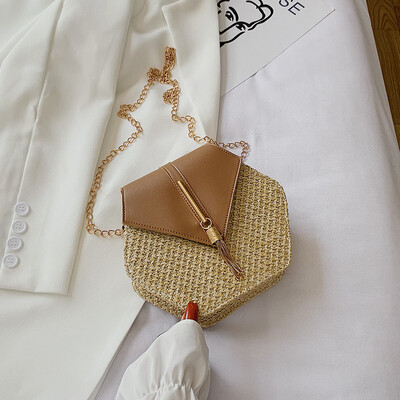 Дамска чанта с шестоъгълна форма Mulit в стил слама + кожа