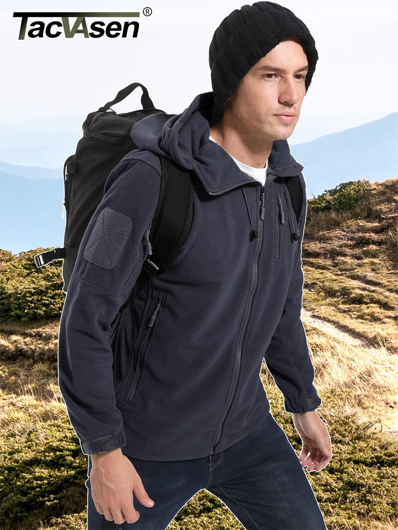 TACVASEN Jachetă fleece primăvară iarnă cu glugă Jachetă fleece pentru bărbați cu glugă, cu fermoar complet, în aer liber, rezistentă la vânt, cu glugă, haină caldă de lucru