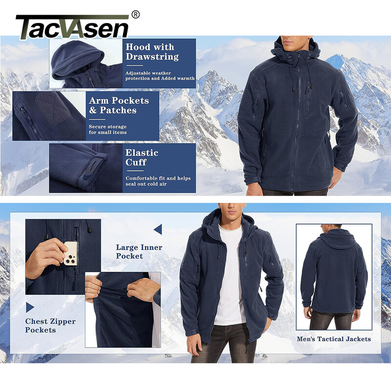 TACVASEN Jachetă fleece primăvară iarnă cu glugă Jachetă fleece pentru bărbați cu glugă, cu fermoar complet, în aer liber, rezistentă la vânt, cu glugă, haină caldă de lucru