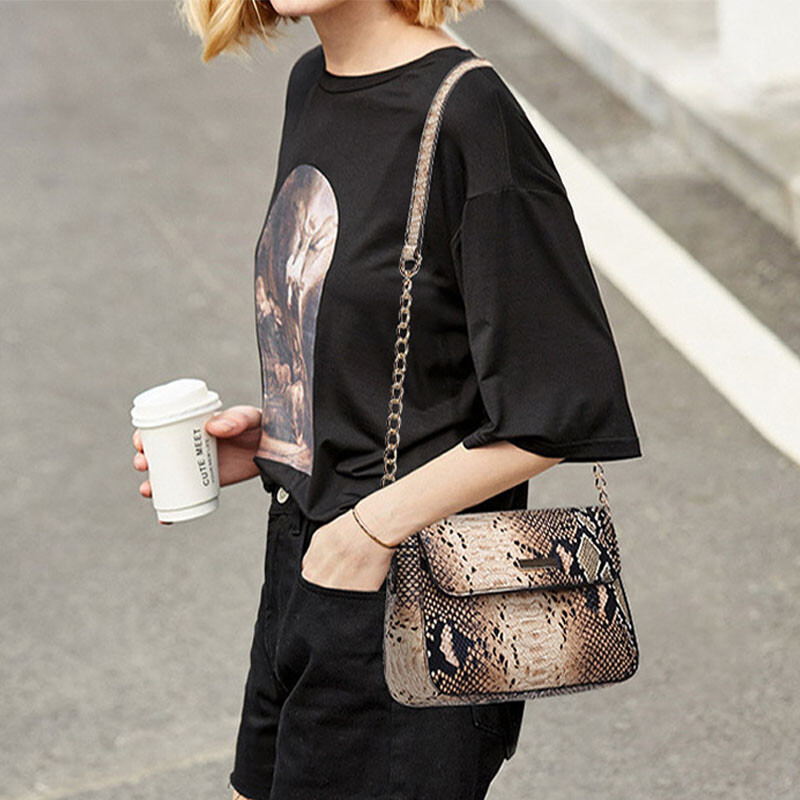 Mat ženske torbe preko ramena od PU kože s lancem Nova modna mala torbica na ramenu s preklopom sa zmijskim uzorkom za djevojčice Četvrtasta torba