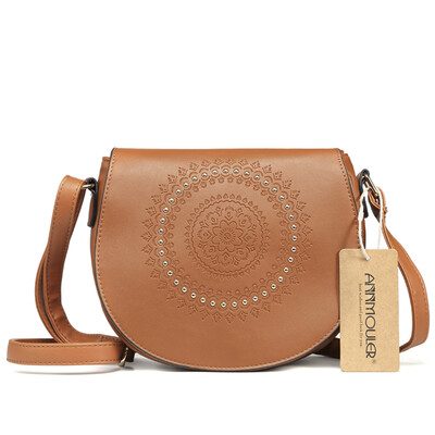 Annmouler Geantă de mână vintage, din piele PU, pentru femei, geantă de umăr cu nituri florale în relief pentru fete.