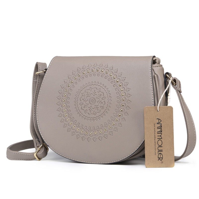 Annmouler Geantă de mână vintage, din piele PU, pentru femei, geantă de umăr cu nituri florale în relief pentru fete.