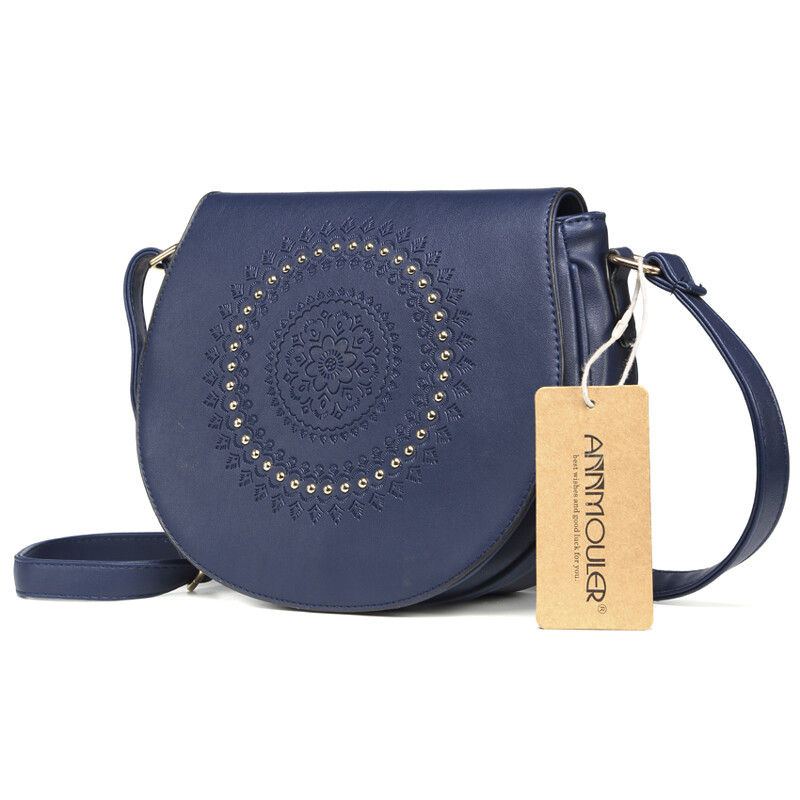 Annmouler Geantă de mână vintage, din piele PU, pentru femei, geantă de umăr cu nituri florale în relief pentru fete.