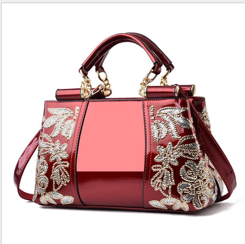 Ženska ručna torbica od lakirane kože visokog sjaja Ženska torba sa šljokicama Dvostrano izvezeni konac Svijetla kožna ženska torbica