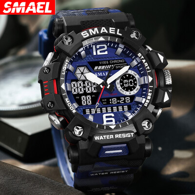 SMAEL Ceas de mână electronic sport, cu dublă mișcare, cu afișaj dual, pentru bărbați, camuflaj, impermeabil, cu quartz, cronometru